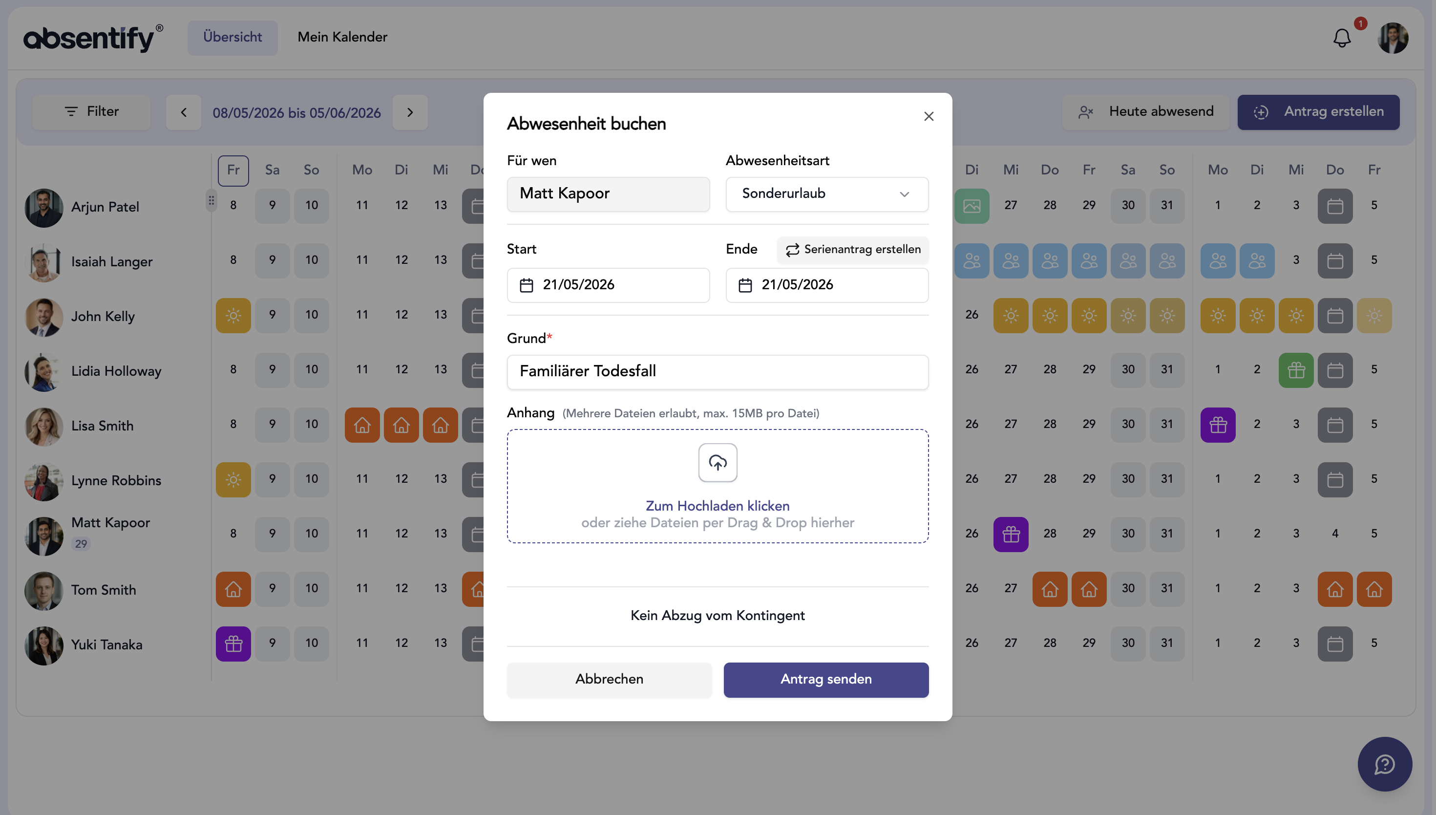 absentify-Dashboard mit Sonderurlaubsantrag nach Trauerfall