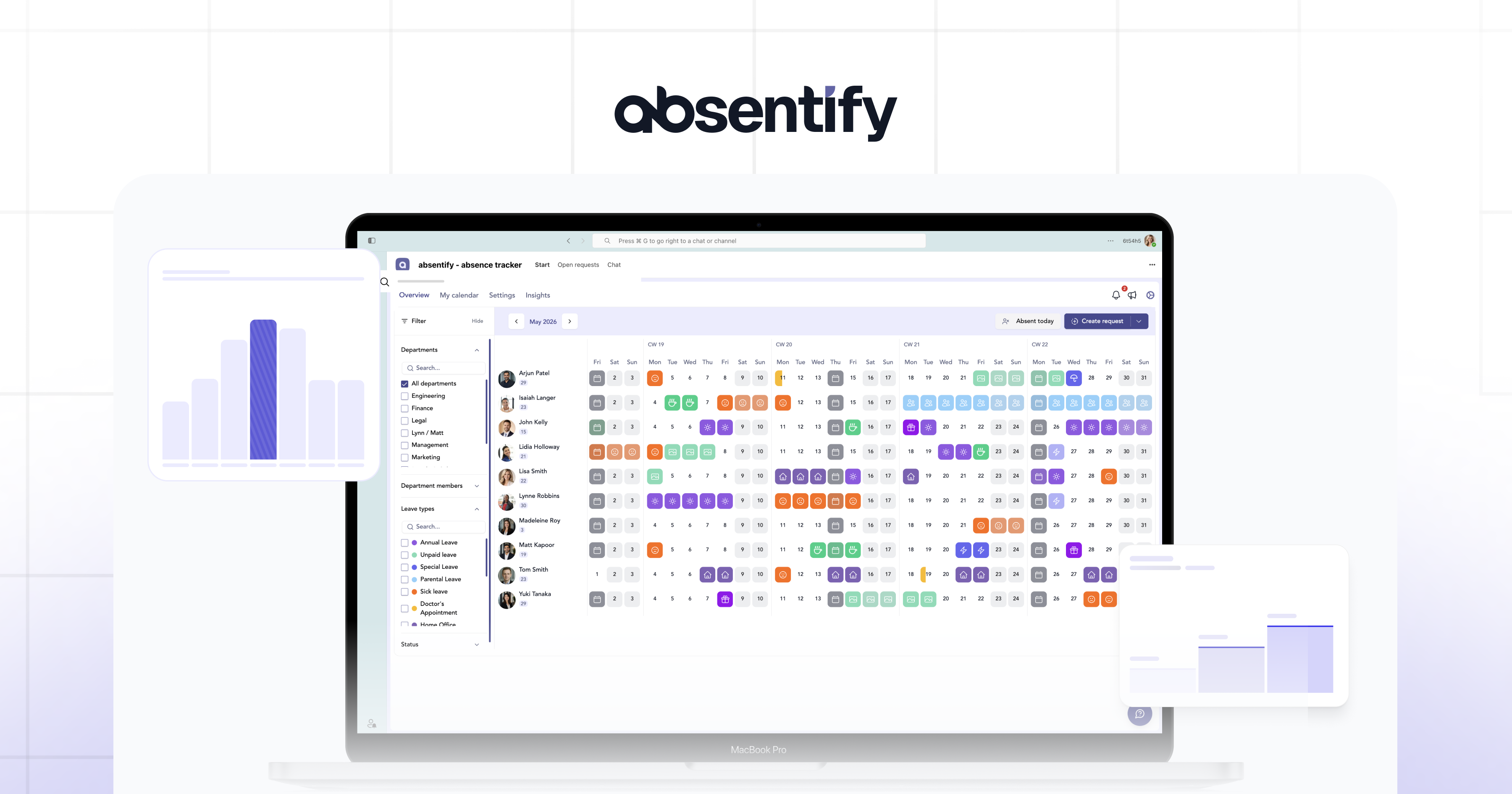 absentify dashboard in Teams showing absence rate charts