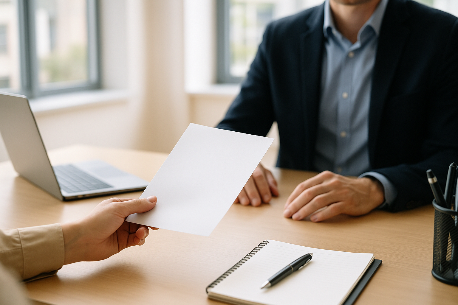 Employee handing over resignation letter to manager