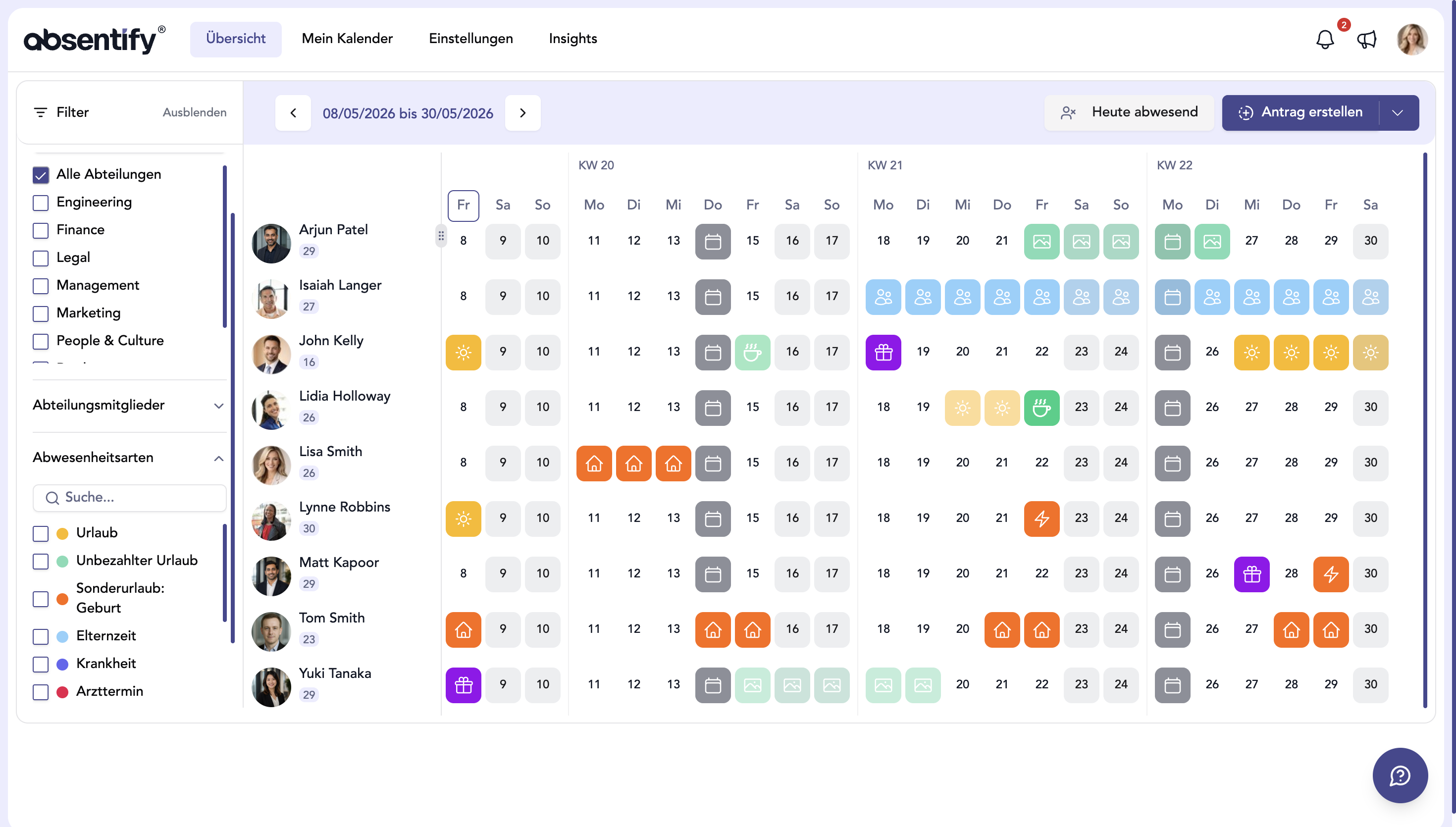 Absentify-Dashboard mit Sonderurlaubsantrag zur Geburt