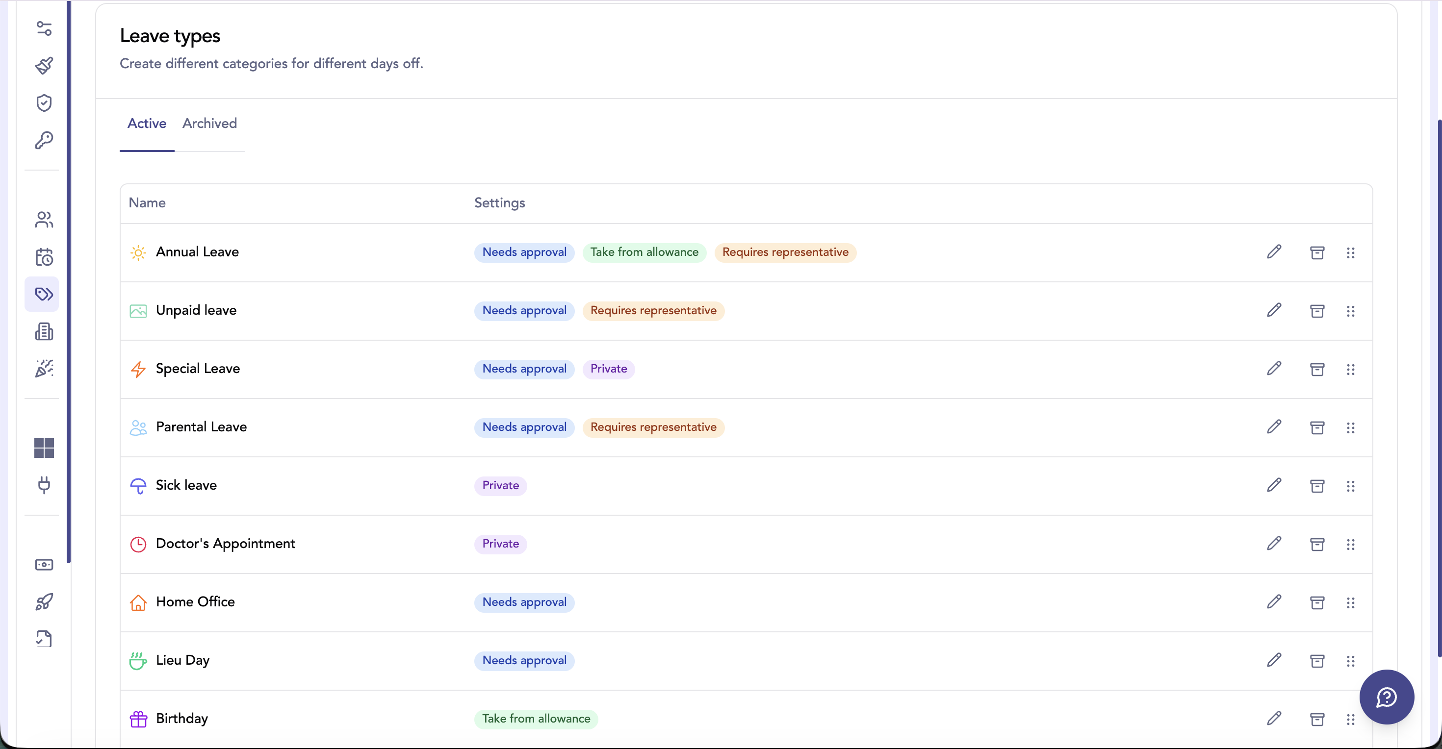 Catégories de congés configurables dans absentify