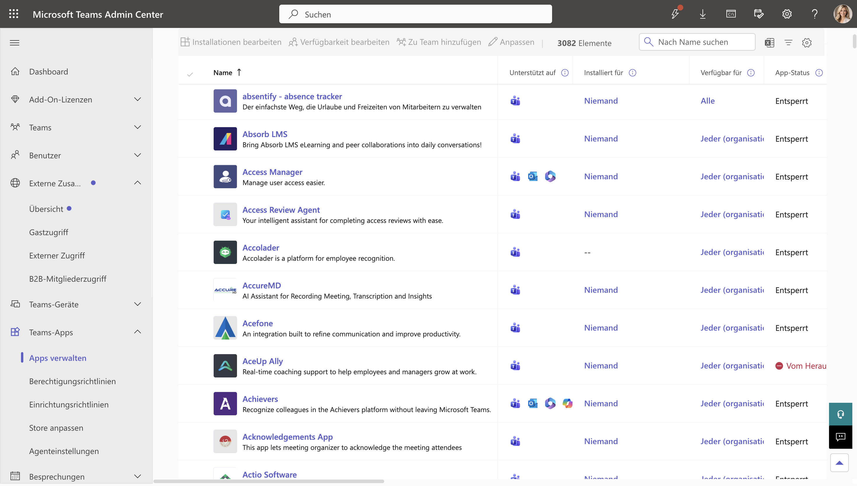 Microsoft 365 Admin Center mit absentify in der Liste integrierter Apps
