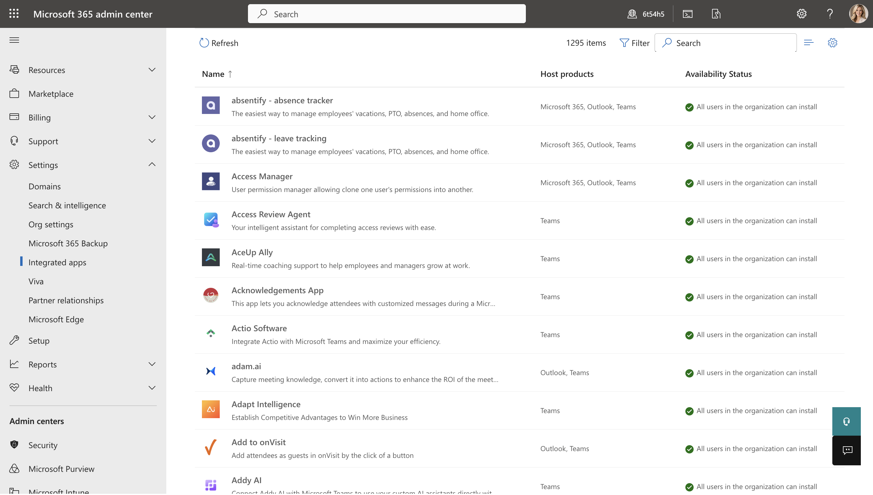Centro de administración de Microsoft 365 con absentify en la lista de aplicaciones integradas
