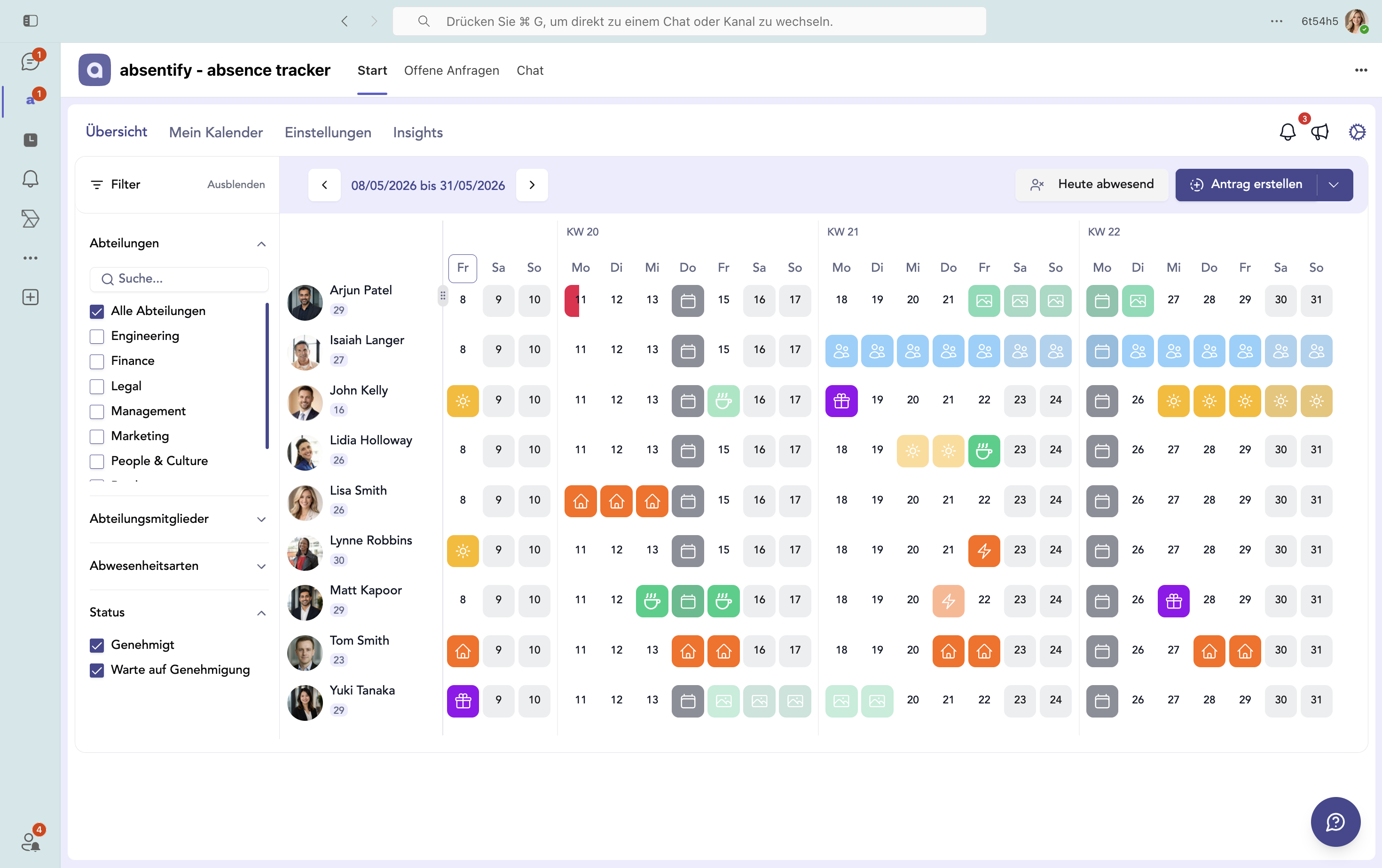 Team-Abwesenheitsübersicht von absentify in Microsoft 365