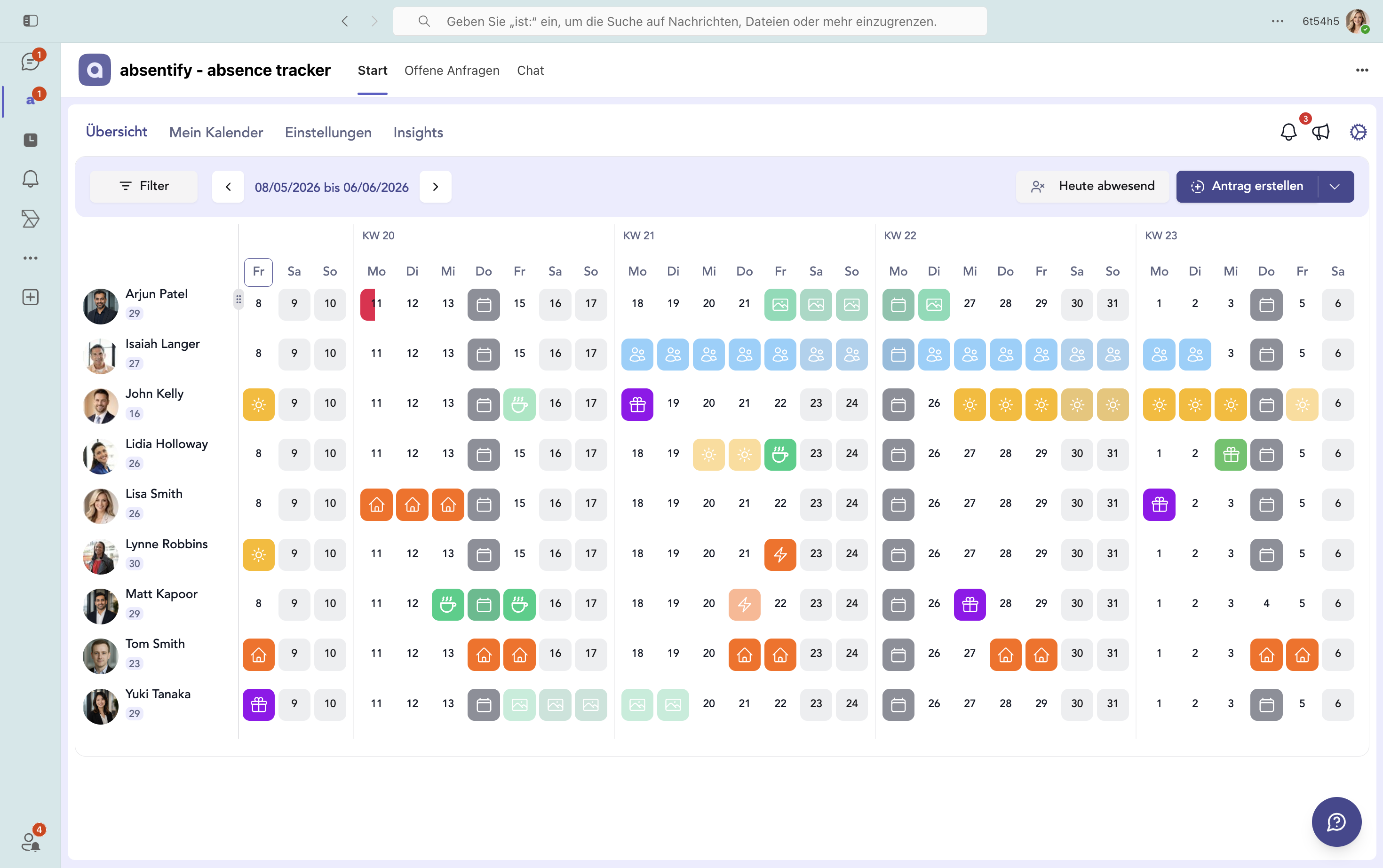 Absentify-Übersicht in Microsoft 365 mit Status-Filter