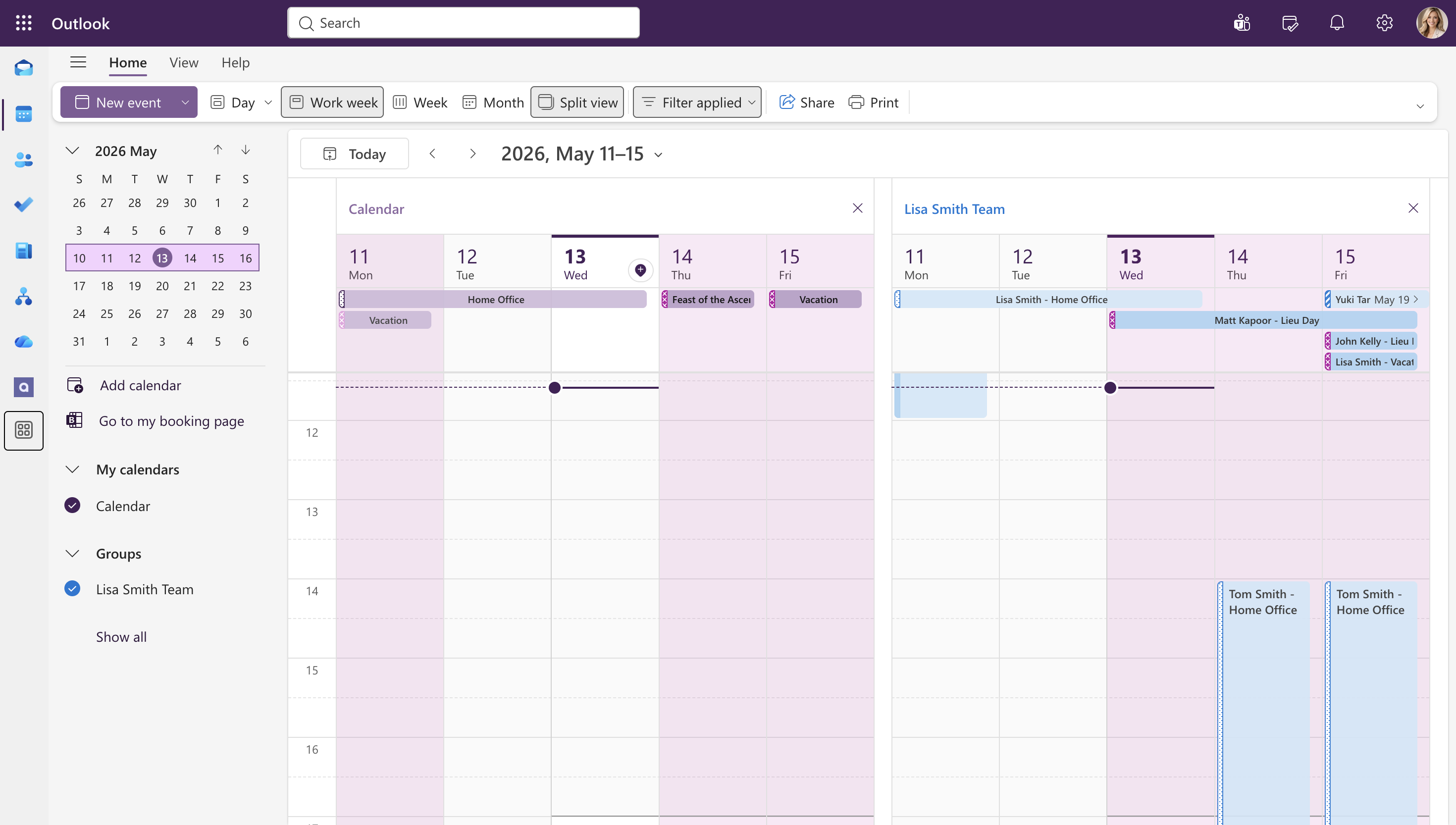 Calendario de Outlook con el botón de absentify en la cinta de opciones