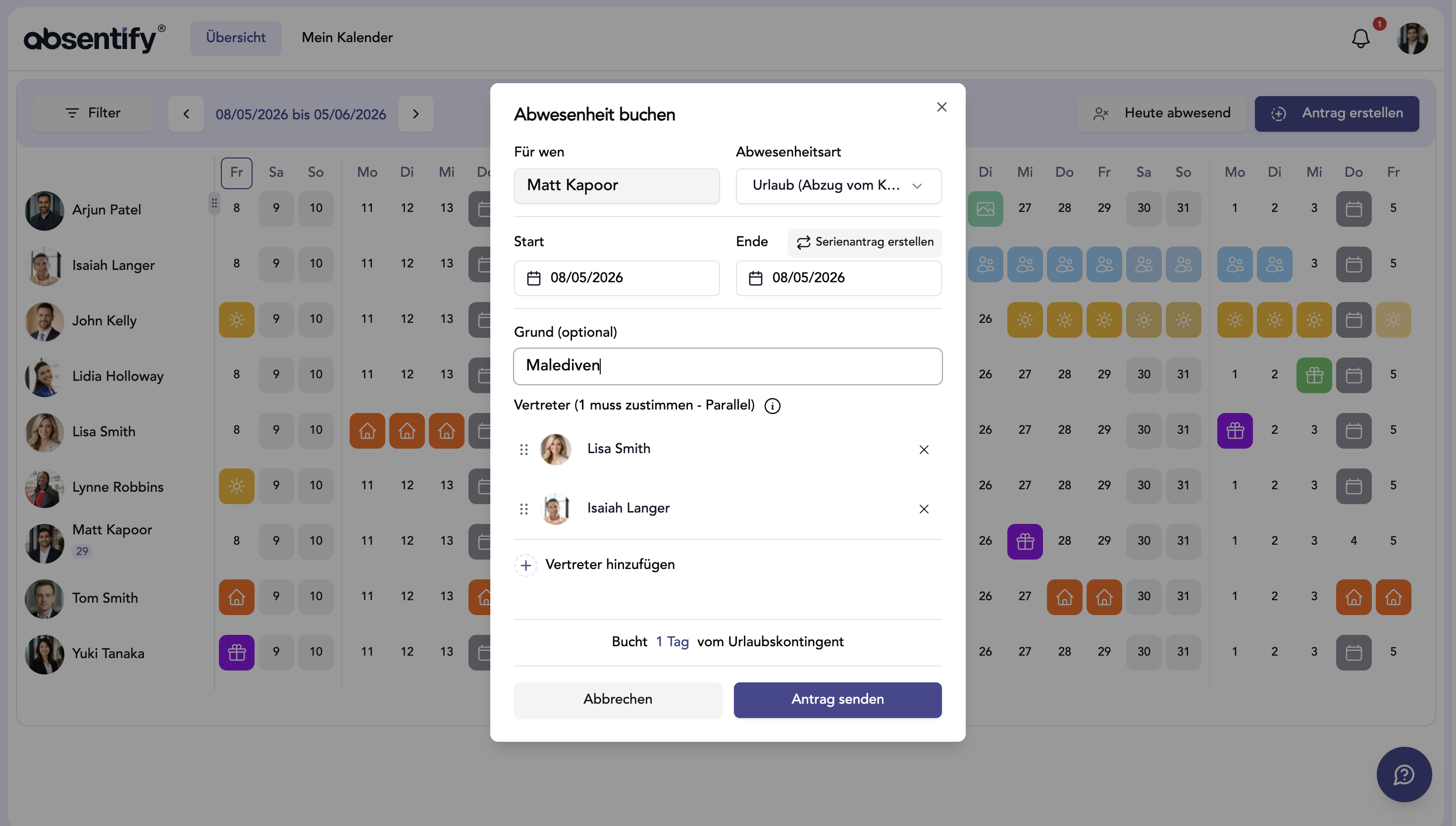 Abwesenheitsübersicht mit Teamkalender und Vertretungen