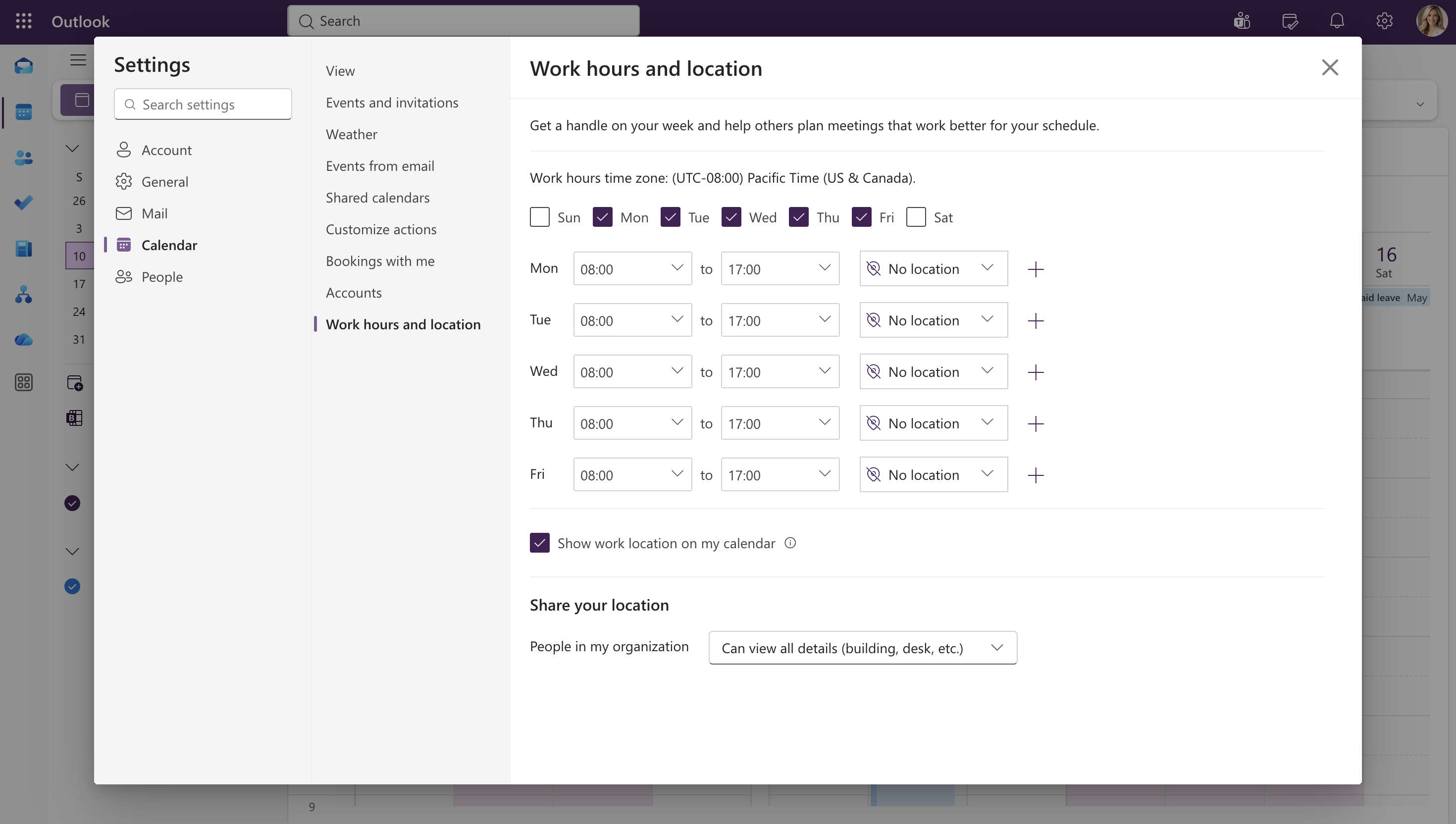 Paramètres Heures de travail et localisation dans Outlook