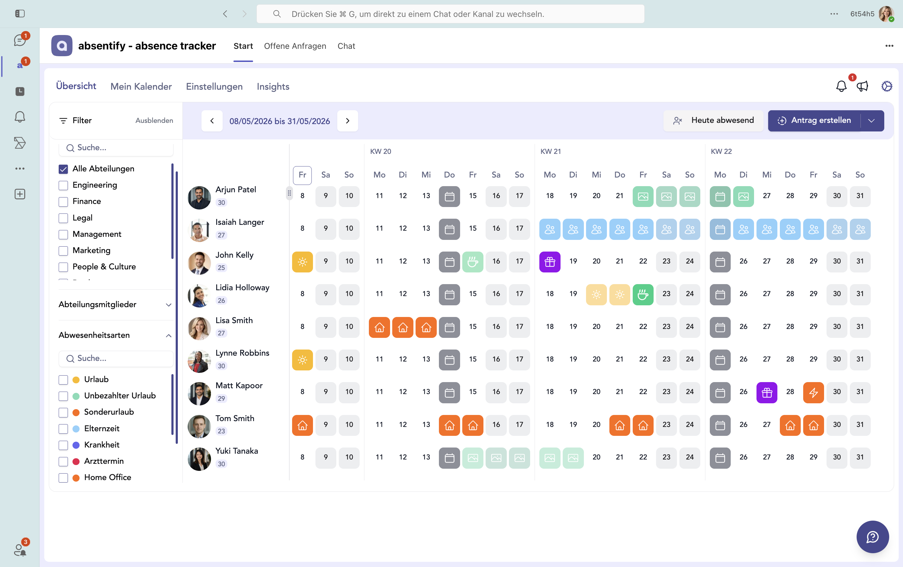 Abwesenheitsübersicht im absentify-Webinterface