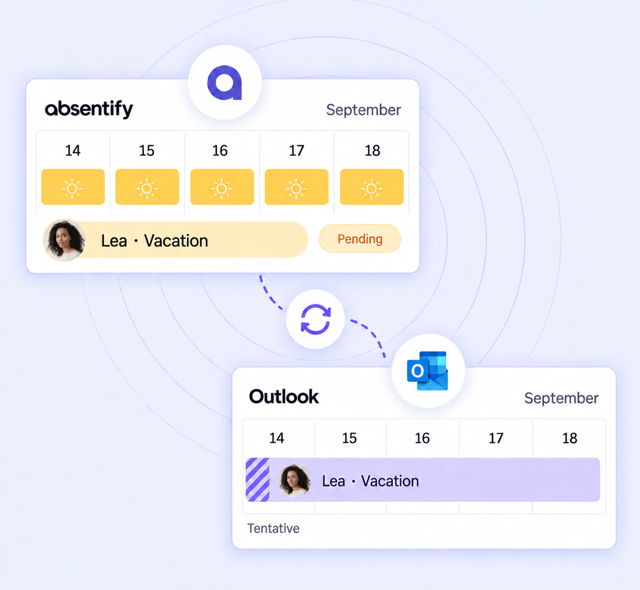 Automatic synchronization of a pending leave request from absentify as an Outlook calendar entry with the “Tentative” status